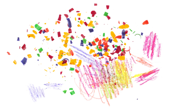 Colorful wax pastel spiral shavings from sharpener, pieces and scribble, isolated on white 