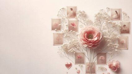 Flowers and photo frame on pink background, top view, copy space