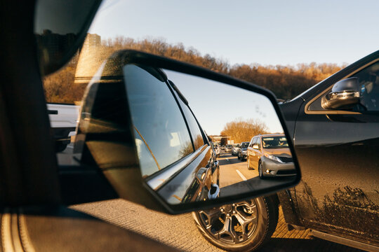 Cars backed up along a highway. 