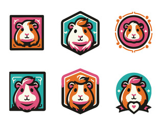Collection of vibrant guinea pig emblems in various geometric shapes, colorful vector designs