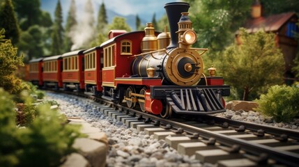 Relive the joy of childhood with a carefully crafted model railroad toy featuring a locomotive and cars on replica tracks. - obrazy, fototapety, plakaty