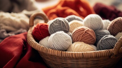 A variety of fabrics and colorful skeins of yarn neatly arranged in a wicker basket for creative textile endeavors. - Powered by Adobe