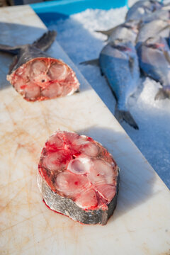 Fresh Fish Slice In The Street Market In The Port.