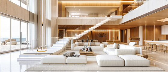 Luxurious Modern Interiors: A Spacious Room Featuring Contemporary Furniture and Elegant Design for Sophisticated Living