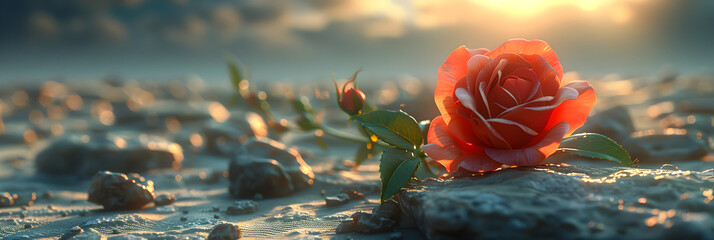 Desert rose 3d image ,
A single red rose growing out of the ground on a rocky beach
