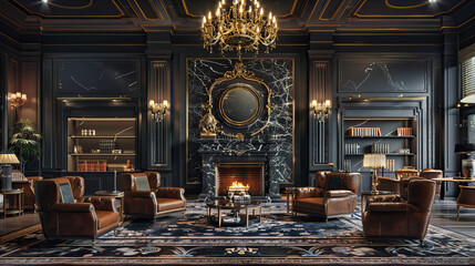 Luxurious Room with Herringbone Floor and Stylish Fireplace, Elegant Decor and Modern Furniture Design - obrazy, fototapety, plakaty