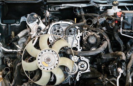 Engine of vehicle at repair service