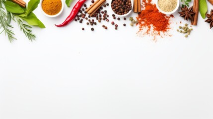 White Table Adorned with Neatly Arranged Spices and Herbs Creating Decorative Border Ai Generated