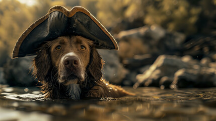 Dog Wearing Pirate Hat in Body of Water