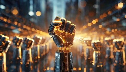 Robotic fist raised among many others. Metallic arm of artificial intelligence symbolises strength and unity.