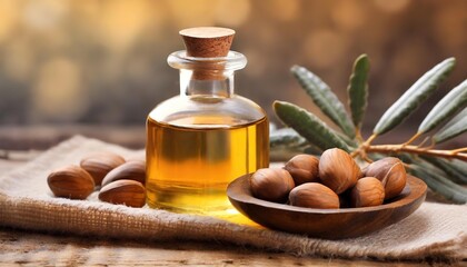 A translucent bottle of golden argan oil rests beside its source, on a natural woven cloth. The rich texture of the oil shines through the glass, a liquid treasure extracted from the heart of nut.