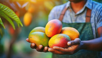 Farmer Holding Ripe Mangoes. Male hands cradle a bunch of ripe fruits, showcasing the bounty of the...