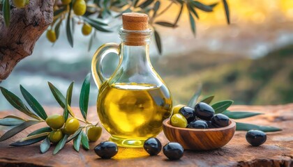 Olive oil bottle with olives on wood in a serene setting. A tranquil composition with olives in a bowl and a glass container of oil evokes a peaceful, rustic atmosphere.