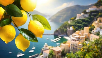 Bright yellow lemons hang over an enchanting coastal town, basking in the radiant glow of the...