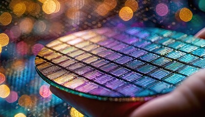 Silicon wafer held delicately, microelectronic potential in hand. Symbol of intricate tech development. Cyber security concept.