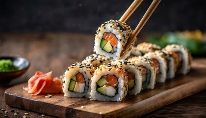 Sushi rolls ready for consumption on a wooden surface. The image showcases a delightful variety of this Japanese delicacy. - obrazy, fototapety, plakaty