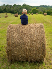 Naklejka na ściany i meble A little boy sitting on a bale of hay waiting on the sun to set. 