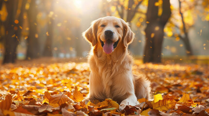 Golden retriever outdoors in the beautiful autumn park with golden leaves, backlight