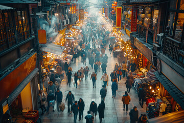 A bustling marketplace crowded with vendors and shoppers, each moving in their own direction. Concept of commercial commotion. Generative Ai. - obrazy, fototapety, plakaty
