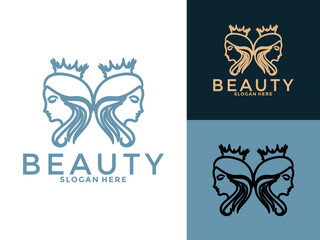 beauty women with crown logo design inspiration, feminine woman logo vector template