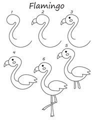 Page shows how to learn step by step to draw a cute flamingo. Developing children skills for drawing and coloring. Vector image.