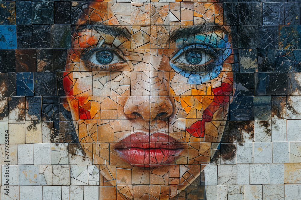 Poster a mosaic of identities and personas reflecting the complexity of the human condition, each fragment 