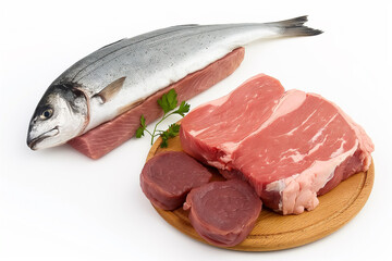 A fish and some meat are displayed on a white surface