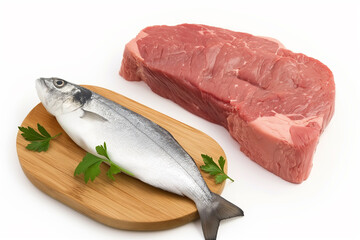 A fish and a piece of meat are on cutting boards