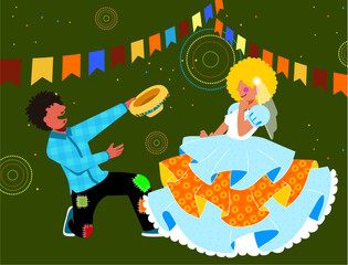 Festa Festa Junina - Casal Caipira - Casal de vestidos com roupas típicas de caipira dançando na quadrilha - cortejo	 Junina e Diversidade - 