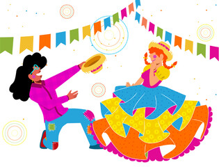 Festa Festa Junina - Casal Caipira - Casal de vestidos com roupas típicas de caipira dançando na quadrilha - cortejo	 Junina e Diversidade - 