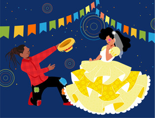 Festa Junina e Diversidade - Casal Caipira - Casal de vestidos com roupas típicas de caipira dançando na quadrilha - cortejo	 Junina e Diversidade - 
