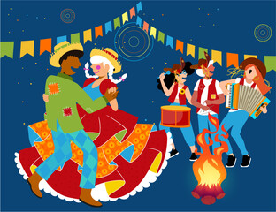 Festa Junina e Diversidade - Vetor de casal caipira dançando quadrilha na fogueira e músicos na Festa Junina	
