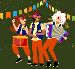 Festa Junina e Diversidade - Vetor de trio de músicos caipiras na Festa de São João - Festa Junina - Dança de Quadrilha - Festa Caipiranina e Diversidade - 