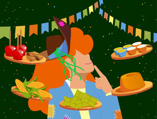 Festa Junina e Diversidade - Vetor de Homem grisalho escolhendo comidas típicas na Festa Junina - Festa de São João