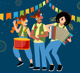 Festa Junina e Diversidade - Vetor de trio de músicos caipiras na Festa de São João - Festa Junina - Dança de Quadrilha - Festa Caipira