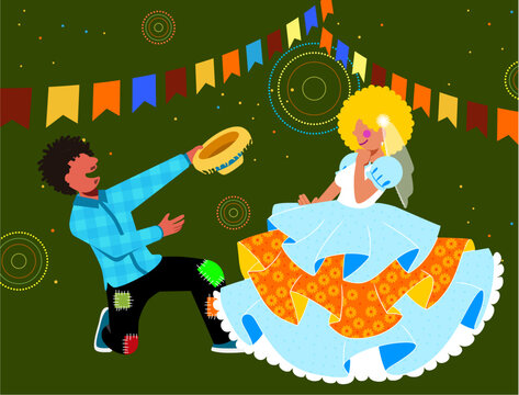 Festa Festa Junina - Casal Caipira - Casal de vestidos com roupas t&iacute;picas de caipira dan&ccedil;ando na quadrilha - cortejo	 Junina e Diversidade - 
