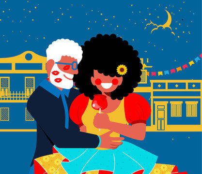 Festa Junina e Diversidade - Casal caipira - Casal Mesti&ccedil;o - Vetor de Casal Caipira comendo ma&ccedil;a do amor na Festa Junina - Festa de S&atilde;o Jo&atilde;o