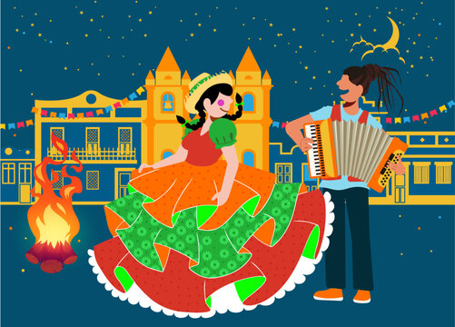Festa Junina e Diversidade - Vetor de casal caipira dan&ccedil;ando em vila caipira com m&uacute;sicos na Festa de S&atilde;o Jo&atilde;o - Festa Junina	