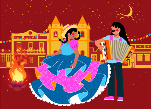 Festa Junina e Diversidade - Vetor de casal caipira dan&ccedil;ando em vila caipira com m&uacute;sicos na Festa de S&atilde;o Jo&atilde;o - Festa Junina	