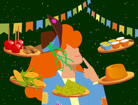 Festa Junina e Diversidade - Vetor de Homem grisalho escolhendo comidas t&iacute;picas na Festa Junina - Festa de S&atilde;o Jo&atilde;o