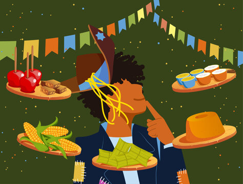 Festa Junina e Diversidade - Vetor de Homem grisalho escolhendo comidas t&iacute;picas na Festa Junina - Festa de S&atilde;o Jo&atilde;o