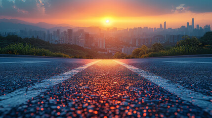 Empty asphalt road and modern city skyline with building scenery at sunset. high angle view. - Powered by Adobe