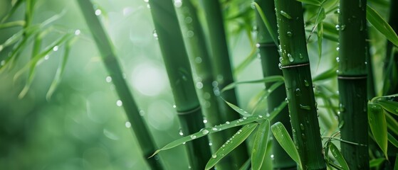 Bamboo forest with leaves and stalks adorned with water droplets, bathed in a soft light