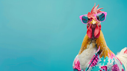 Funny cockerel wearing sunglasses and summer shirt, blue wall background with copy space for text. Holidays concept