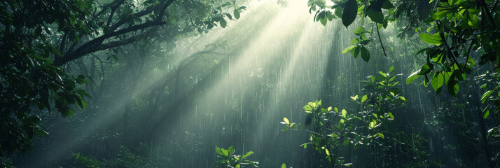 Sunlight pierces through a rainstorm, highlighting the vibrant greenery of a dense, wet forest