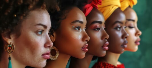 Group of women with big earrings. Sisterhood concept. Illustrations of 6 women with different skin color staying close to each other