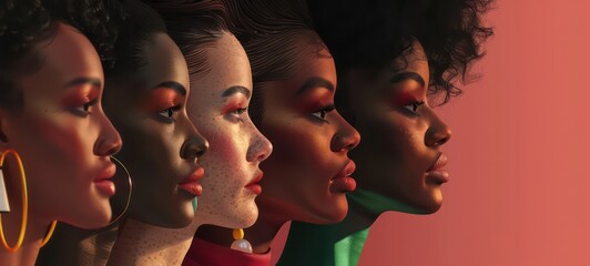 Group of women with big earrings. Sisterhood concept. Illustrations of 6 women with different skin color staying close to each other - obrazy, fototapety, plakaty