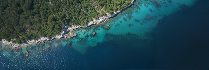 aerial view showcases a body of water nestled among a lush green landscape in the South of France. Trees encircle the serene water, creating a tranquil natural setting - Powered by Adobe