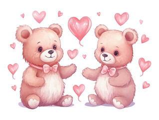 Watercolor valentines day love teddy bear couple, hand drawn watercolor illustration for greeting card or invitation design