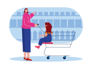 Mother doing shopping with daughter. Black Friday vector illustration
